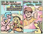 2_panel_comic 5:4 aloha_shirt anthro bikini bikini_bottom bikini_top bird_dog blue_hair briwn_hair canid canine canis clothing dialogue domestic_dog english_text female floppy_ears fur gesture golden_retriever hair half-closed_eyes hand_gesture hat headgear headwear human hunting_dog male mammal mandy_(rawdawgcomics) narrowed_eyes open_mouth open_smile pattern_clothing pattern_shirt pattern_topwear rawdawgcomics retriever shirt smile speech_bubble stahli_(rawdawgcomics) swimwear syringe tan_body tan_fur text thumbs_up topwear trans_(lore) trans_woman_(lore) two-piece_swimsuit