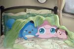  &gt;_&lt; absurdres blanket blue_eyes brown_eyes cleffa closed_eyes closed_mouth commentary curtains highres holding_hands indoors jigglypuff marill no_humans on_bed open_mouth pillow piyokonoenikki_04 pokemon pokemon_(creature) pokemon_focus rain scared single_tear smile sweat symbol-only_commentary under_covers watermark window 