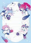  4girls barefoot blue_eyes blue_one-piece_swimsuit blue_sailor_collar book breasts chibi commentary_request flower-shaped_pupils glasses hair_ornament hair_ribbon hina-uta holding holding_torpedo i-168_(kancolle) i-19_(kancolle) i-58_(kancolle) i-8_(kancolle) kantai_collection large_breasts long_hair medium_breasts multicolored_hair multiple_girls neckerchief one-piece_swimsuit open_mouth pink_hair pink_neckerchief ponytail red_hair red_neckerchief ribbon sailor_collar school_swimsuit swimsuit swimsuit_under_clothes symbol-shaped_pupils thighhighs torpedo tri_tails white_thighhighs 