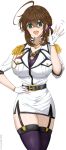  1girl ahoge belt black_belt breasts brown_hair chamumi_(mochiumee) cleavage_cutout clothing_cutout epaulettes female_admiral_(kancolle) garter_belt garter_straps gloves green_eyes heart_cutout jacket kantai_collection kneehighs large_breasts military_jacket military_uniform open_mouth original partially_fingerless_gloves pencil_skirt simple_background skirt smile socks solo white_background white_gloves white_jacket white_skirt 