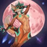 1:1 absurd_res alexen_0 anthro border breasts brown_body brown_fur brown_hair canid canine cosmos digital_drawing_(artwork) digital_media_(artwork) exposed_breasts eye_markings female finished floating fur fur_markings glowing glowing_body glowing_fur glowing_hair glowing_hair_tips glowing_markings glowing_nipples glowing_pawpads grey_border hair hi_res jakkuu long_tail makeup mammal maned_wolf markings moon nipples nude orange_body orange_fur pawpads pink_moon shaded sketch solo space star tail turquoise_hair turquoise_hair_tips turquoise_mouth turquoise_nipples turquoise_pawpads white_body white_fur
