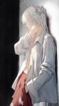  1girl against_wall covered_eyes fujiwara_no_mokou hand_in_pocket highres long_hair navel ofuda ofuda_on_head open_clothes open_shirt pants red_pants s0gno shirt solo touhou white_hair white_shirt 