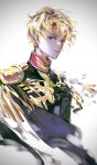  1boy absurdres blonde_hair blue_eyes char_aznable chinese_commentary commentary_request epaulettes gundam gundam_gquuuuuux high_collar highres jacket long_sleeves male_focus military_jacket military_uniform mobile_suit_gundam short_hair solo valkyries051 