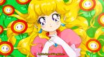  1990s_(style) :o aqua_eyeshadow bad_id bad_twitter_id bishoujo_senshi_sailor_moon blonde_hair blue_eyes blue_gemstone chest_jewel collared_dress commentary crown day dot_nose dress earrings elbow_gloves english_commentary english_text eyelashes eyeshadow fake_screenshot faux_retro_artstyle field film_grain fire_flower flower flower_field frilled_dress frilled_sleeves frills gem gloves gold_crown hair_spread_out highres honeymoonpetal jewelry light_blush lipstick long_hair looking_ahead lying makeup mario_(series) on_back on_grass outdoors own_hands_together parody parted_lips pink_dress pink_lips princess_peach puffy_short_sleeves puffy_sleeves raised_inner_eyebrows retro_artstyle short_sleeves sphere_earrings style_parody tareme very_long_hair white_gloves 