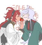  2girls ahoge asticassia_school_uniform black_hairband closed_eyes commentary dark-skinned_female dark_skin green_jacket gundam gundam_suisei_no_majo hairband highres holding_another&#039;s_wrist jacket korean_text long_hair long_sleeves miorine_rembran multiple_girls nadane83942535 open_mouth ponytail red_hair school_uniform suletta_mercury symbol-only_commentary tomato translation_request white_background white_hair white_jacket yuri 