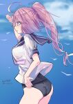  1girl absurdres ahoge arm_up ass from_side hair_ribbon highres hizaka i-168_(kancolle) kantai_collection long_hair neckerchief one-piece_swimsuit open_mouth pink_eyes pink_hair ribbon school_uniform serafuku solo swimsuit 