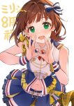  1girl :d amami_haruka anniversary b1ack_illust belt blue_skirt blush bow brown_hair commentary_request create_festival_(idolmaster) double_ok_sign green_eyes hair_bow hair_ornament hairclip happy_anniversary highres idol_clothes idolmaster idolmaster_(classic) idolmaster_million_live! idolmaster_million_live!_theater_days looking_at_viewer midriff_peek navel ok_sign open_mouth shirt short_hair skirt sleeveless sleeveless_shirt smile solo text_background white_background wrist_cuffs 