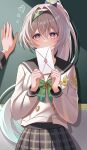  1other absurdres alternate_hairstyle black_bow black_hairband black_sailor_collar blue_eyes blue_pupils blush bow bowtie breasts buttons chalkboard commentary double-breasted envelope firefly_(honkai:_star_rail) firefly_(spring_missive)_(honkai:_star_rail) gradient_hair green_bow green_bowtie green_hair grey_hair grey_skirt hair_between_eyes hair_bow hair_intakes hairband highres holding holding_envelope honkai:_star_rail honkai_(series) kabedon kenomotsu_yukuwa long_hair long_sleeves looking_at_viewer love_letter medium_breasts multicolored_eyes multicolored_hair plaid_clothes plaid_skirt ponytail pov pov_hands purple_eyes sailor_collar school_uniform serafuku shirt skirt two-tone_eyes very_long_hair white_shirt 