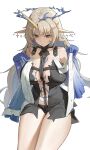  1girl absurdres bare_shoulders black_collar black_dress black_panties blonde_hair blue_eyes blue_hair blue_hands blush breasts closed_mouth collar commentary crown_of_thorns dress earrings feet_out_of_frame fleurdelys_(wuthering_waves) floating_earrings hands_up highres horns huge_breasts jewelry jimizuai- long_hair long_horns looking_at_viewer navel necklace out_of_character panties parted_bangs pointy_ears sidelocks simple_background single_horn solo stomach thighs underwear very_long_hair white_background wuthering_waves yellow_horns 