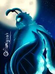 2024 4_fingers antennae_(anatomy) anthro arthropod artist_name blue_antennae blue_body blue_eyes blue_fur blue_sky blue_wings clear_sky colored digital_drawing_(artwork) digital_media_(artwork) female fingers flamigoat fur glowing glowing_eyes half-length_portrait hi_res insect insect_wings lepidopteran light lighting moon moth mothwoman mouthless no_eyebrows noseless outside portrait shaded sky solo standing text wings