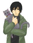  1boy bell black_cat black_eyes black_hair black_shirt carry carrying cat collar darker_than_black green_jacket hei jacket lowres male male_focus mao mao_(darker_than_black) shirt simple_background solo white_background 