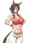  1girl abs absurdres alternate_costume animal_ears bare_shoulders breasts brown_eyes brown_hair cleavage commentary_request cowboy_shot ear_covers ear_ornament glasses green-framed_eyewear hands_on_own_hips highres horse_ears horse_girl horse_tail large_breasts midriff minew muscular muscular_female navel pants red_sports_bra royce_and_royce_(umamusume) semi-rimless_eyewear short_hair sidelocks simple_background solo sports_bra tail umamusume white_background white_pants wristband 