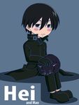  black_cat black_eyes black_gloves black_hair black_jacket blush_stickers cat character_name darker_than_black full_body gloves hei jacket male male_focus mao mao_(darker_than_black) simple_background sitting 