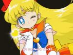  1990s_(style) 1girl ;o aino_minako attack back_bow bishoujo_senshi_sailor_moon bishoujo_senshi_sailor_moon_supers black_background blonde_hair blowing_kiss blue_bow blue_bowtie blue_eyes bow bowtie bright_pupils brooch choker circlet cowboy_shot dot_nose earrings elbow_gloves english_text expressionless eyelashes fake_screenshot faux_retro_artstyle film_grain floating_clothes floating_hair gloves hair_bow heart heart_brooch heart_in_eye honeymoonpetal jewelry leotard light_blush long_hair looking_at_viewer magical_girl miniskirt official_style one_eye_closed orange_brooch orange_choker orange_sailor_collar orange_skirt parted_bangs parted_lips pleated_skirt red_bow retro_artstyle sailor_collar sailor_venus short_sleeves simple_background skirt solo star_(symbol) star_choker stud_earrings super_sailor_venus symbol_in_eye tareme very_long_hair white_gloves white_leotard white_pupils wind yellow_bow 
