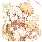  1girl 2boys aether_(genshin_impact) aged_up blonde_hair closed_mouth commentary_request genshin_impact gradient_hair green_eyes green_hair highres if_they_mated kareya long_hair multicolored_hair multiple_boys nahida_(genshin_impact) open_mouth pointy_ears pregnant 
