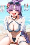  5girls absurdres blue_archive blush breasts chlorella_observation_club_member_(swimsuit)_(blue_archive) cleavage halo highres kikyou_(blue_archive) kikyou_(swimsuit)_(blue_archive) large_breasts long_hair looking_at_viewer multiple_girls ocean open_mouth purple_hair purple_halo renge_(blue_archive) renge_(swimsuit)_(blue_archive) smile solo_focus tai_saka thighs very_long_hair yukari_(blue_archive) yukari_(swimsuit)_(blue_archive) 