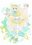  1girl :d absurdres animal_ear_fluff animal_ears arknights blonde_hair braid character_name commentary_request fox_ears fox_girl fox_tail full_body green_eyes heart highres holding holding_plate kawaiiyagi kitsune kyuubi loose_socks midriff miniskirt multiple_tails navel open_mouth plate puffy_short_sleeves puffy_sleeves roller_skates short_hair short_sleeves skates sketch skirt smile socks solo suzuran_(arknights) tail twin_braids visor_cap 