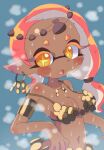  1girl bikini breasts colored_eyelashes dark-skinned_female dark_skin earrings frye_(splatoon) gold_armlet gold_bikini highres ikaheigen inkling jewelry necklace open_mouth pointy_ears short_eyebrows solo splatoon_(series) splatoon_3 sweat swimsuit tentacle_hair yellow_eyes 