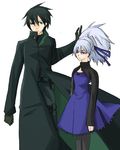  1boy 1girl belt black_gloves black_hair black_jacket darker_than_black dress gloves grey_hair hair_ribbon hei jacket long_sleeves lowres purple_dress purple_ribbon ribbon simple_background standing white_background wind yin 