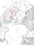  2boys animal_ears black_suit blush character_name closed_eyes closed_mouth commentary_request facing_another furry furry_male hatching_(texture) heart hug irurahiko kiss linear_hatching lion_boy lion_ears lion_mane male_focus multiple_boys open_mouth protagonist_3_(housamo) shirt signature smile snow_(housamo) suit tokyo_afterschool_summoners traditional_media whiskers white_background white_shirt yaoi 