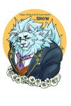  1boy absurdres animal_ears ascot black_suit character_name closed_mouth commentary_request copyright_name flower furry furry_male green_eyes highres irurahiko lion_boy lion_ears lion_mane lion_tail looking_at_viewer male_focus monocle purple_ascot signature smile snow_(housamo) suit tail tokyo_afterschool_summoners upper_body whiskers 