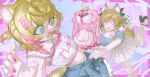  2girls @_@ absurdres animal_ear_fluff animal_ears black_ribbon blonde_hair blue_eyes blue_nails blue_shirt blue_skirt blue_streaks breasts chain clothes_hanger clothes_pull dog_ears dog_girl dog_tail dress english_commentary frilled_shirt frills fuwawa_abyssgard fuwawa_abyssgard_(casual) hair_ornament hair_ribbon high_heels highres holding holding_clothes_hanger hololive hololive_english large_breasts mococo_abyssgard mococo_abyssgard_(casual) multiple_girls navel official_alternate_costume open_mouth pink_dress pink_eyes pink_nails pink_streaks pungson_mori ribbon shirt siblings sisters skirt skirt_pull small_breasts star-shaped_pupils star_(symbol) symbol-shaped_pupils tail teeth twins virtual_youtuber white_shirt white_skirt x_hair_ornament 