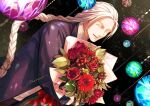  1boy :d ^_^ artist_name bouquet braid christmas closed_eyes colored_eyelashes commentary dutch_angle english_commentary flower fujin_(mortal_kombat) highres holding holding_bouquet long_hair male_focus mortal_kombat_(series) red_flower red_rose rose seacobalt smile solo very_long_hair white_hair 