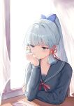  1girl alternate_costume black_sailor_collar black_shirt blue_bow blue_eyes blunt_bangs blush bow classroom collarbone desk genshin_impact grey_hair hair_bow hair_ribbon hakugyokurou_no_oojou-sama head_rest high_ponytail highres indoors kamisato_ayaka long_hair mole mole_under_eye neck_ribbon pink_ribbon ponytail ribbon sailor_collar sailor_shirt shirt sidelocks sitting solo 