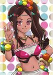  1girl bare_shoulders bracelet breasts brown_hair crop_top dark-skinned_female dark_skin eyeshadow fire_emblem fire_emblem_engage highres jewelry looking_at_viewer makeup medium_breasts momojikutteyaru navel pearl_belt pearl_bracelet pearl_hair_ornament pink_eyeshadow ponytail solo star-shaped_pupils star_(symbol) symbol-shaped_pupils timerra_(fire_emblem) very_dark_skin yellow_eyeliner 
