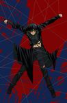  1boy black_hair darker_than_black hei highres male_focus solo suspension torn_clothes trench_coat wire 