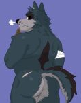 alcohol anthro bandage bandaged_arm beer beer_bottle belly beverage big_butt black_eyes blue_body bored bottle butt canid canine canis container digital_media_(artwork) frown humanoid male mammal monotone_background mr._grey_(password) myuger notched_ear nude overweight overweight_male password_(visual_novel) pixel_(artwork) scar slightly_chubby solo tail wolf