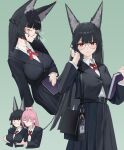  2girls absurdres alternate_costume amco animal_ear_fluff animal_ears bag belt bespectacled black_bag black_belt black_hair black_jacket black_skirt blunt_bangs blush book braid breasts closed_eyes closed_mouth collared_shirt commentary fox_ears fox_girl glasses grabbing_another&#039;s_breast grabbing_from_behind green_background groping half_up_braid hand_up highres holding holding_book hoshimi_miyabi jacket large_breasts long_hair looking_at_viewer multiple_girls multiple_views parted_lips pink_hair red_eyes school_bag school_uniform shirt simple_background skirt smile sweat tsukishiro_yanagi white_shirt yuri zenless_zone_zero 