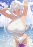  absurdres armpits arms_up bare_shoulders beach blunt_bangs blush breasts closed_mouth commission covered_navel day highres huge_breasts kurozawa_yui lamia large_breasts long_hair looking_at_viewer monster_girl monster_girl_encyclopedia one-piece_swimsuit outdoors pixiv_commission pointy_ears red_eyes smile swimsuit water white_hair white_one-piece_swimsuit 