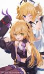  2girls absurdres alternate_costume barbara_(genshin_impact) bare_shoulders black_thighhighs blonde_hair blue_eyes fang fischl_(genshin_impact) genshin_impact green_eyes grey_background highres imasaki_kei lollipop_in_mouth long_hair looking_at_viewer midriff multiple_girls navel one_eye_closed oz_(genshin_impact) parted_lips simple_background sitting smile standing thighhighs twintails twitter_username two_side_up white_thighhighs 