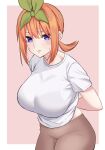  1girl absurdres arms_behind_back border breasts brown_pants closed_mouth commentary_request go-toubun_no_hanayome green_hairband hairband highres large_breasts marimo_625 medium_hair nakano_yotsuba orange_background orange_hair outside_border pants ponytail purple_eyes shirt sidelocks solo sweat tight_clothes tight_pants white_border white_shirt 