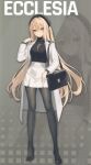  absurdres bag black_hat black_shirt black_shoes blonde_hair bright_pupils casual character_name counter:side crossed_bangs ecclesia_(counter:side) hair_between_eyes handbag hat highres jacket long_hair long_sleeves merchandise_available mors_(counter:side) non-web_source official_alternate_costume official_art pantyhose red_eyes ringed_eyes scan scan_artifacts self-scan shirt shoes side_ponytail white_jacket white_pupils white_shirt 