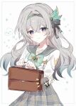  1boy 1girl bag bow bowtie brown_bag caelus_(honkai:_star_rail) closed_mouth collared_shirt crosshair firefly_(honkai:_star_rail) firefly_(spring_missive)_(honkai:_star_rail) gradient_eyes gradient_hair green_bow green_bowtie green_pupils grey_hairband grey_ribbon grey_sailor_collar hair_between_eyes hair_intakes hair_ornament hair_ribbon hairband handbag highres holding holding_bag honkai:_star_rail honkai_(series) hsr_shiro long_hair multicolored_eyes multicolored_hair plaid_bow plaid_bowtie plaid_clothes ribbon sailor_collar shirt simple_background smile sparkle star_(symbol) stuffed_toy trailblazer_(honkai:_star_rail) twitter_username white_background white_shirt 