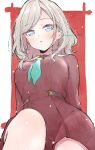  1girl aqua_neckerchief blue_eyes border breasts brown_dress ceras_yanagida_lilienfeld commentary dress grey_hair hair_ribbon hasu_no_sora_school_uniform highres katsuragi_(webmaster909) large_breasts light_particles link!_like!_love_live! long_hair long_sleeves looking_at_viewer love_live! neckerchief outside_border parted_lips pink_ribbon pleated_dress red_background ribbon sailor_collar sailor_dress school_uniform short_dress simple_background sitting solo twitter_username virtual_youtuber white_border white_sailor_collar 