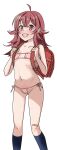  1girl ahoge backpack bag bandaid bandaid_on_knee bandaid_on_leg bikini black_socks blush collarbone crossed_bangs eyepatch_bikini flat_chest highres holding_strap idolmaster idolmaster_shiny_colors kneehighs komiya_kaho long_hair looking_at_viewer navel open_mouth pink_bikini randoseru red_bag red_eyes red_hair side-tie_bikini_bottom simple_background smile socks solo standing strapless strapless_bikini string_bikini sumiyama swimsuit white_background 