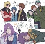  3girls 6+boys :o absurdres aeug allelujah_haptism amuro_ray bare_shoulders beard belt black_belt black_eyes black_hair black_jacket black_pants black_shirt black_skirt blonde_hair blue_eyes blue_jacket breast_cutout brown_eyes brown_hair challia_bull character_request chibi chibi_inset cle_423 clenched_teeth closed_mouth collared_shirt commentary comoli_harcourt crossed_arms earrings epaulettes facial_hair frown furrowed_brow garma_zabi gloves green_hair green_jacket green_pants grey_belt gundam gundam_00 gundam_gquuuuuux gundam_zz hair_between_eyes hair_over_one_eye hand_on_another&#039;s_arm hand_on_another&#039;s_shoulder hand_up haro head_tilt high_collar highres jacket jewelry judau_ashta kamille_bidan kikeroga_(gquuuuuux) lalah_sune leaning_to_the_side light_frown long_hair long_sleeves looking_at_another looking_at_viewer lying military_uniform mobile_suit_gundam mole mole_under_mouth multiple_boys multiple_girls multiple_views mustache necktie nervous_sweating on_side open_clothes open_jacket open_mouth pants purple_hair quattro_bajeena red_gloves red_jacket roux_louka science_fiction shirouzu_(gundam) shirt short_hair simple_background skirt sleeveless sleeveless_jacket sleeveless_shirt smile striped_clothes striped_shirt sunglasses sweat teeth thumbs_up turtleneck video_camera white_background white_gloves white_shirt wing_collar xavier_olivette yellow_necktie yellow_shirt zeon zeta_gundam 