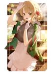  1girl :d absurdres alternate_costume alternate_hairstyle apron blonde_hair blunt_bangs blurry blurry_background border braid cafe cowboy_shot dappled_sunlight depth_of_field double_bun floral_print floral_print_kimono frilled_apron frills gloves green_eyes green_kimono hair_bun hair_ornament hand_up highres holding holding_tray indie_virtual_youtuber indoors japanese_clothes kimono looking_at_viewer maid maid_apron mocchan_(mo_chan0225) open_mouth pom_pom_(clothes) pom_pom_hair_ornament print_kimono shigure_ui_(vtuber) short_hair side_braid sidelocks smile solo sunlight swept_bangs tray virtual_youtuber wa_maid waitress white_apron white_gloves 