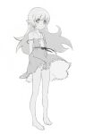  1girl bandaid bandaid_on_pussy barefoot center_frills closed_mouth dress expressionless flat_chest floating_hair frills full_body greyscale highres iniooooo jewelry long_hair looking_at_viewer monochrome monogatari_(series) necklace no_panties oshino_shinobu pointy_ears simple_background sketch sleeveless sleeveless_dress solo standing strap_slip white_background 