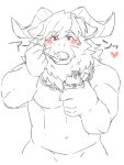  1boy abs animal_ears azazel_(housamo) bara blush commentary_request cup eating fangs food furry furry_male gegegenomin goat_boy goat_ears goat_horns heart holding holding_cup holding_spoon horns jewelry male_focus muscular muscular_male navel necklace open_mouth partially_colored pectorals pudding red_eyes spoon tokyo_afterschool_summoners topless_male translation_request white_background 
