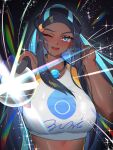  1girl bare_shoulders black_hair blue_eyes blue_hair blush breasts dark-skinned_female dark_skin earrings eyeliner gloves hair_bun haska_(user_gure4787) highres hoop_earrings jewelry large_breasts long_hair looking_at_viewer makeup multicolored_hair necklace nessa_(pokemon) one_eye_closed open_mouth pendant poke_ball pokemon pokemon_swsh sidelocks single_glove single_hair_bun solo sports_bra two-tone_hair white_sports_bra 