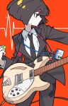  1girl absurdres badge black_hair black_necktie black_pants cable electric_guitar guitar guitar_strap hair_ornament hairpin highres holding holding_plectrum instrument necktie office_lady orange_background original pants plectrum rickenbacker shirt short_hair simple_background suit tape user_dfxd4355 white_shirt 