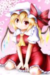  1girl ascot between_legs blonde_hair blush bow buttons cherry_blossoms dress_shirt flandre_scarlet frills hand_between_legs hat hat_bow highres knees lace looking_at_viewer open_hands puffy_sleeves red_eyes renati_(renatium) shirt short_hair short_sleeves side_ponytail sitting skirt smile solo touhou v_arms vest wariza wings 