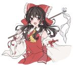  1girl :d ascot black_hair bow brown_eyes chest_sarashi collared_shirt commentary_request cropped_torso detached_sleeves frilled_bow frilled_hair_tubes frilled_shirt_collar frills gloves hair_bow hair_tubes hakurei_reimu highres long_hair long_sleeves looking_at_viewer open_mouth red_bow red_ribbon red_skirt reimu_tyuki ribbon ribbon-trimmed_sleeves ribbon_trim sarashi shirt simple_background skirt sleeveless sleeveless_shirt smile solo touhou upper_body white_background white_gloves white_shirt white_sleeves wide_sleeves yellow_ascot 