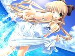  beach blonde_hair day dress game_cg natural_another_one_2nd_belladonna one_eye_closed outdoors ribbon smile solo tsurugi_hagane water wet yachigusa_mitsune 