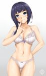  1girl alternate_costume arcie_albano arm_behind_back artist_logo asaka_karin bare_shoulders black_hair blue_eyes bra breasts cleavage collarbone commentary_request cowboy_shot finger_to_mouth gradient_background highres large_breasts logo long_hair love_live! love_live!_nijigasaki_high_school_idol_club medium_hair navel panties smile solo stomach tongue tongue_out underwear underwear_only white_bra white_panties 