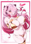  1girl :d ahoge areola_slip asymmetrical_bangs belly bikini border breast_suppress breasts breasts_squeezed_together cameltoe covered_nipples cowboy_shot elbow_gloves fangs gloves gold_bikini gold_gloves gold_thighhighs gradient_hair groin hair_over_one_eye hair_ribbon hands_on_own_chest highres huge_ahoge huge_nipples large_areolae large_breasts long_bangs long_hair looking_at_viewer multicolored_hair namamii navel open_mouth original parted_hair pink_border pink_hair plum pointy_ears red_hair ribbon side-tie_bikini_bottom slit_pupils smile solo swimsuit thighhighs thong_bikini two_side_up very_long_hair watermark 